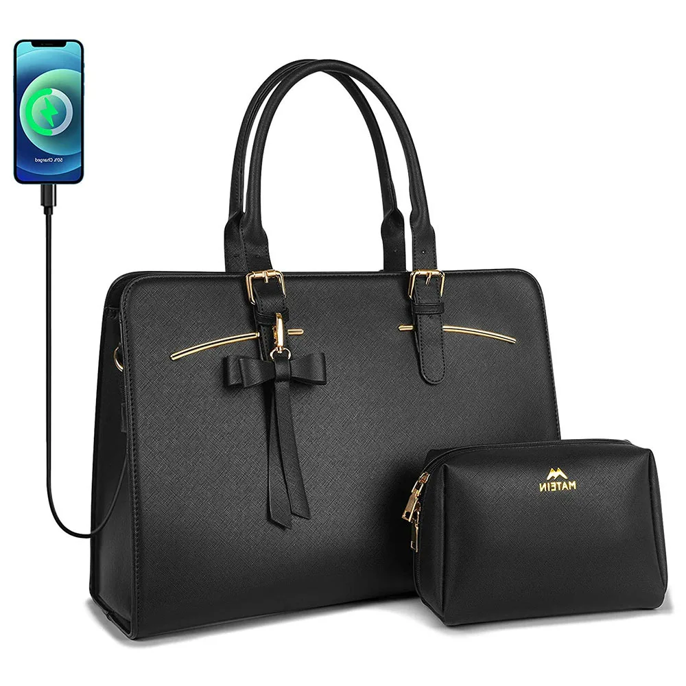 Factory Wholesale OEM Waterproof PU Women Daily Handbag Tote Bag With USB Laptop Briefcase for 15.6 inch Computer