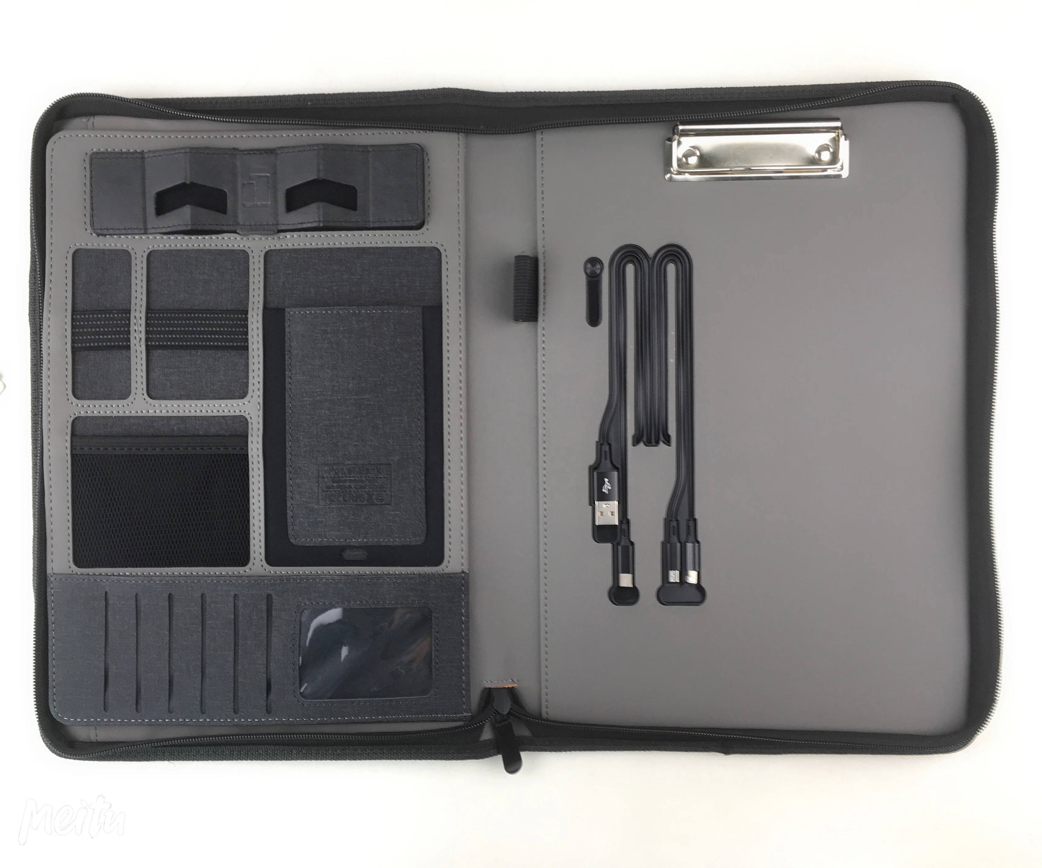 A4 PU leather Wireless Charging hand shank Business Portfolio with powerbank