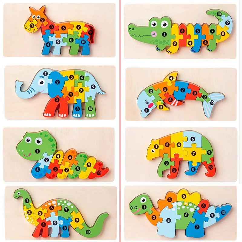 Cartoon Jigsaw Game Creative Animals Wooden Baby 3D Puzzle Math Play Education Sensory Montessori Wooden Puzzles Toys