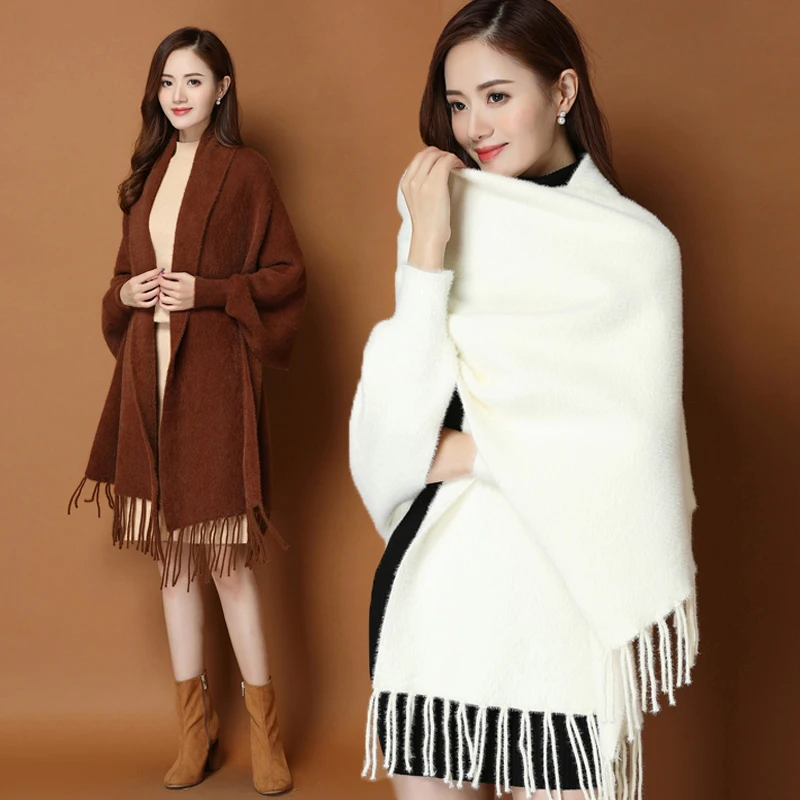 
 Новинка 2021, Классическая свободная норковая бархатная однотонная вязаная накидка, шаль с рукавами, накидка свободного размера, женская одежда, пончо  