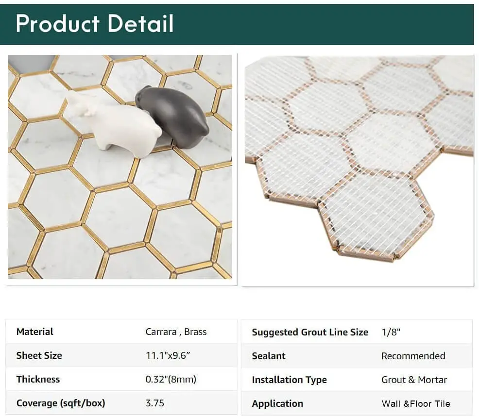 Hexagon Mosaic Tile with Brass Inlay Marble Mosaic New Design Tile Carrara High Quality Black White Marble Mosaic