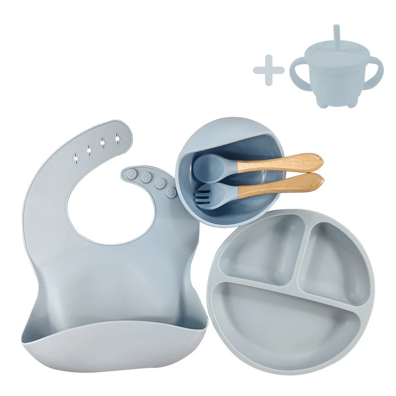 Bpa Free Custom Logo Kids Baby Feeding Set Silicone Suction Bowl Plate Bib Cutlery Silicone set for babies