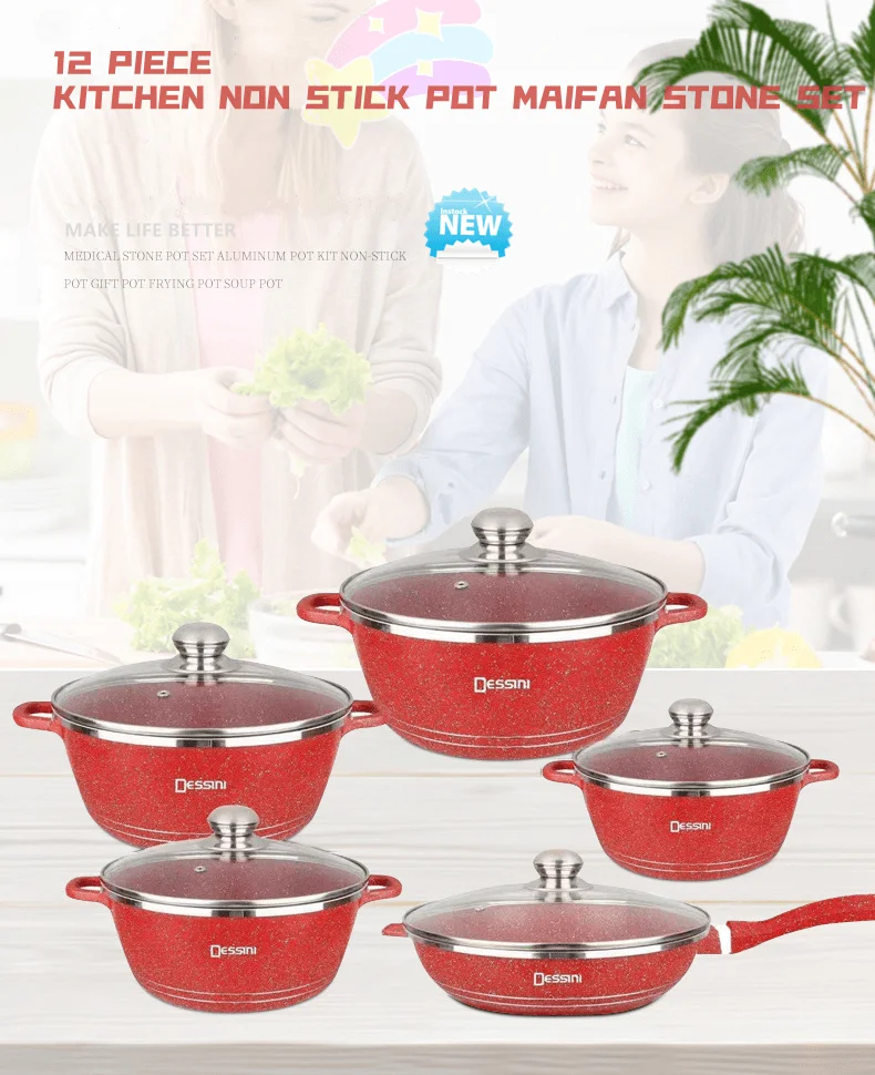 Dessini 12pcs Cast Aluminum Nonstick Cookware Sets with Tempered Glass Lid for Kitchen