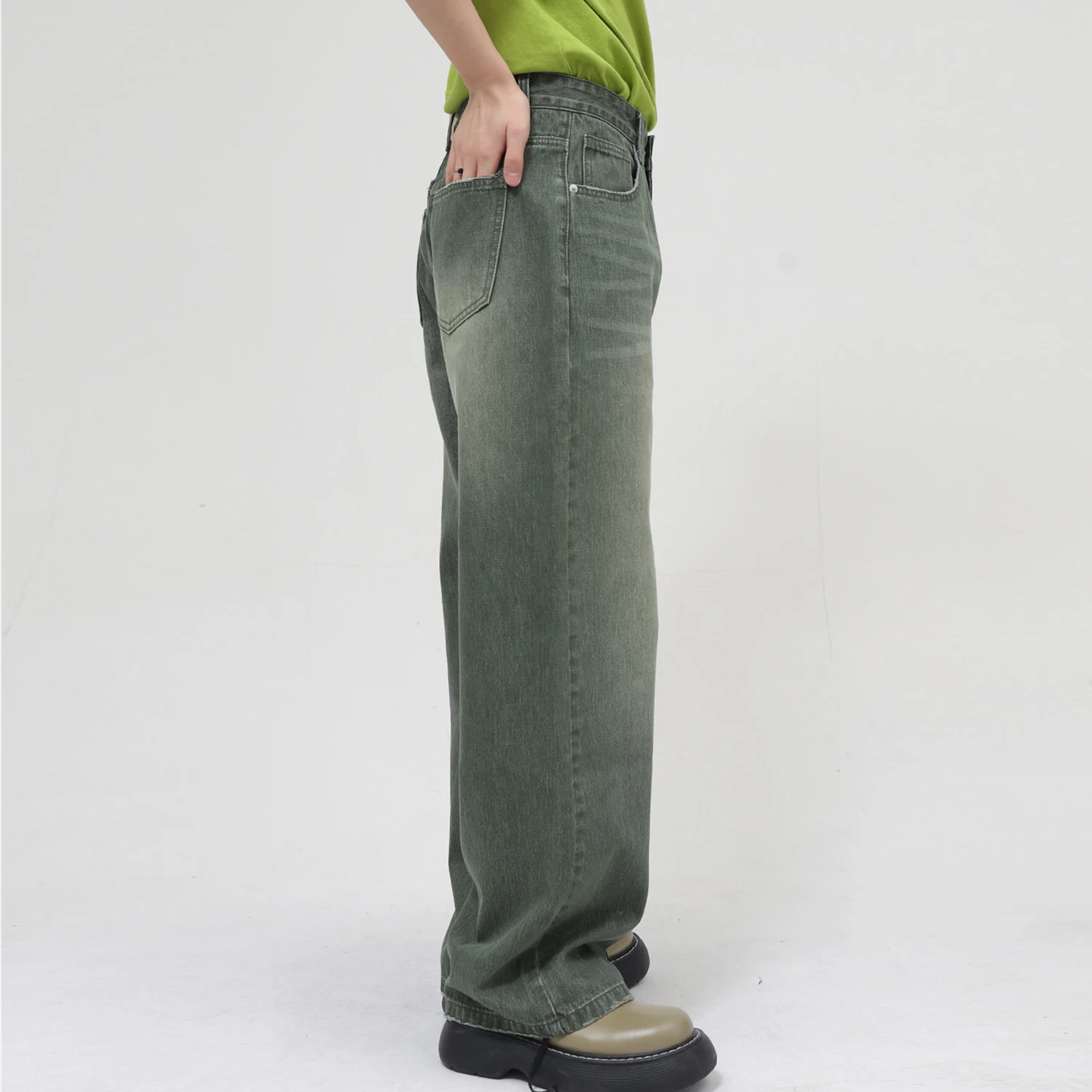 Wide Leg Army Green Vintage Jeans High Waist Retro Stone Washing Plus Size Straight Jeans Men