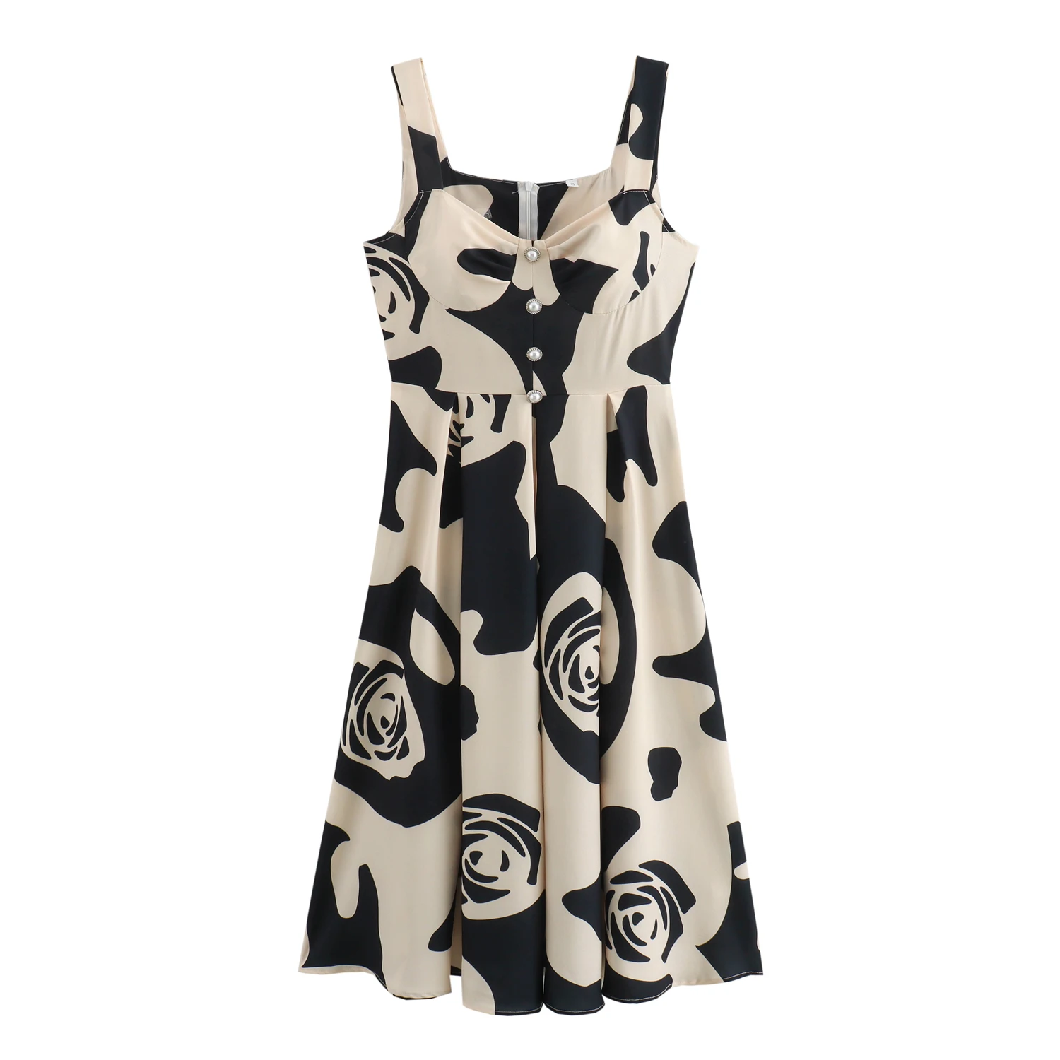 Beige black color print shoulder strap zipper fly casual fashion summer long dress for women