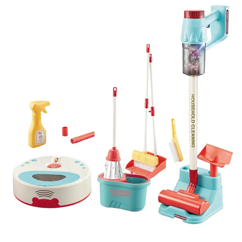 Simulation kids indoor pretend play toy household cleaning sweep tools set electric vacuum cleaner sweeper toy with light music