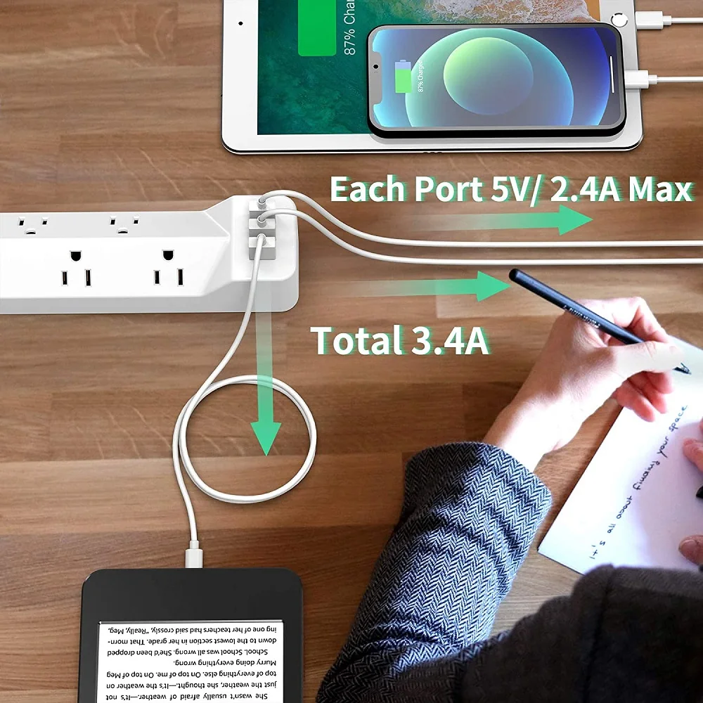 Us Fire-Retardant multi Protection Wide Spaced Outlets 45 Right Angled Flat Plug Mountable Extension Cord Power Strip