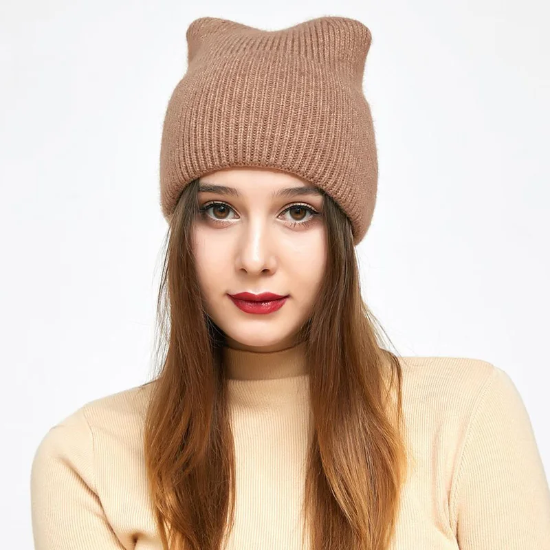FYB beanie manufacturer custom logo blank acrylic knit beanie with ears cute cat ear beanie women