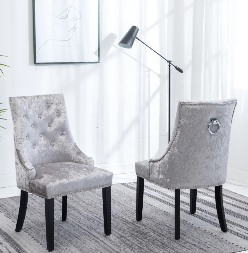 Mink color crushed velvet tufted wooden dining chair round knocker