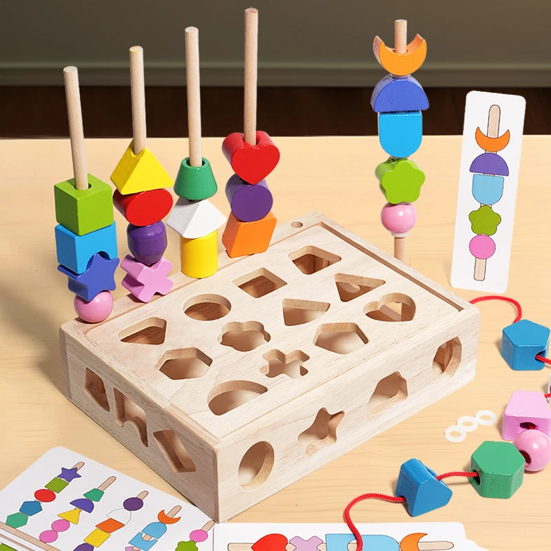 Toddlers Wooden Sorting Matching Blocks Box Toy Threading Geometry Blocks Colorful Stacking Blocks Educational Toys