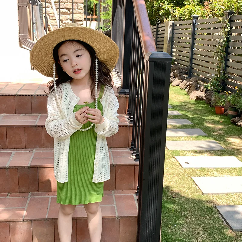 2023 Toddler Children Girl Summer Knit Hollow Beige Think Cardigan Sweater 2-8 Years