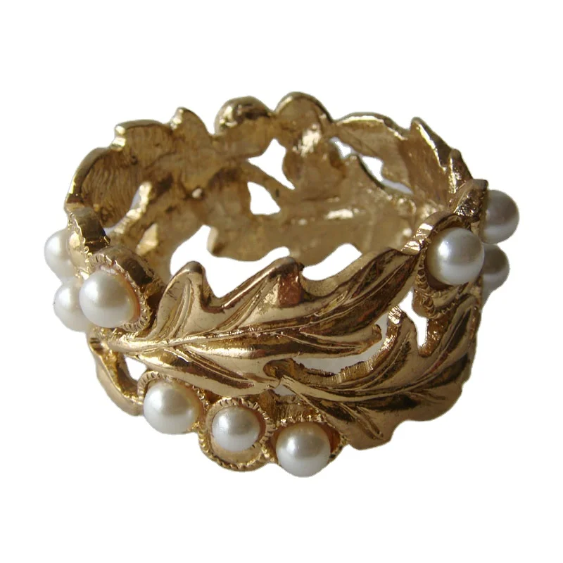 Plating Leaf Napkin Ring Napkin Circles Gold with ABS Pearls Beaded Metal Zinc Alloy Table Napkin Decoration Party Sustainable