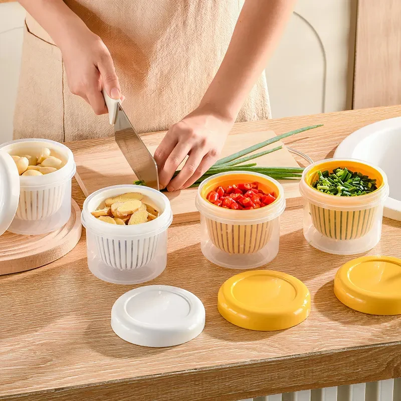 2023 Transparent Vegetables Fruits Chopped Onion Minced Garlic Sauce Chili Food Bowl Container Mini Drain Kitchen Storage Box