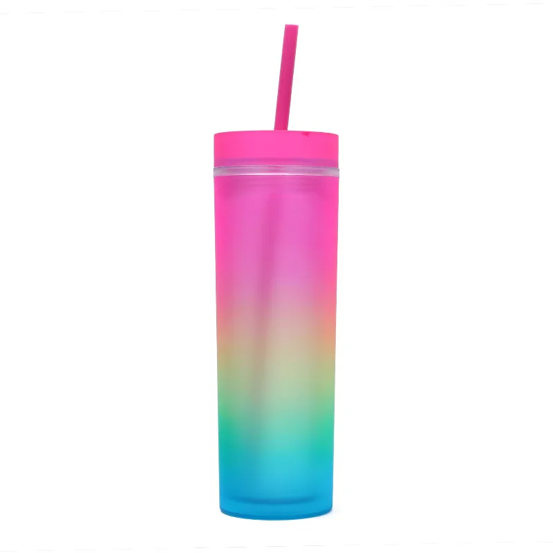 Trending Products 16oz Gradient colors Double Wall Plastic Tumbler with Lid and Straw