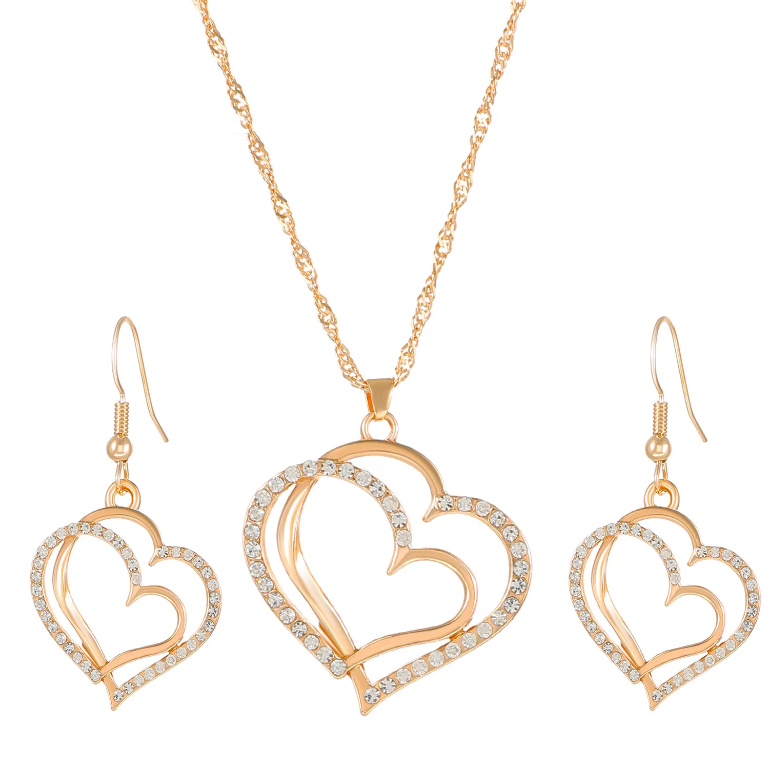Hot Selling Vintage Fashion Trend Personality Alloy Diamond Necklace Set Hollow Pendant Earrings Heart Jewelry Set For Women