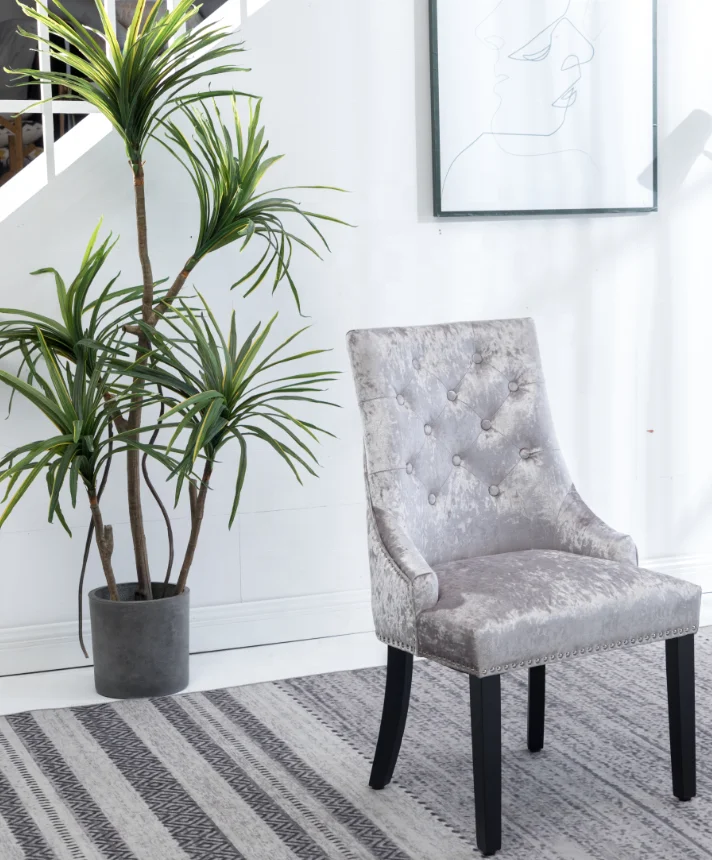 Mink color crushed velvet tufted wooden dining chair round knocker