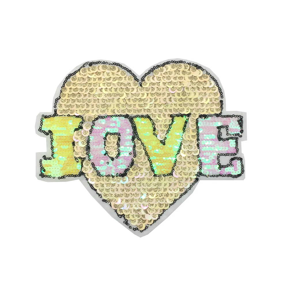 Fashion Sew On Aka Red Gold Heart Embroidery Sequin Patches For T-Shirts