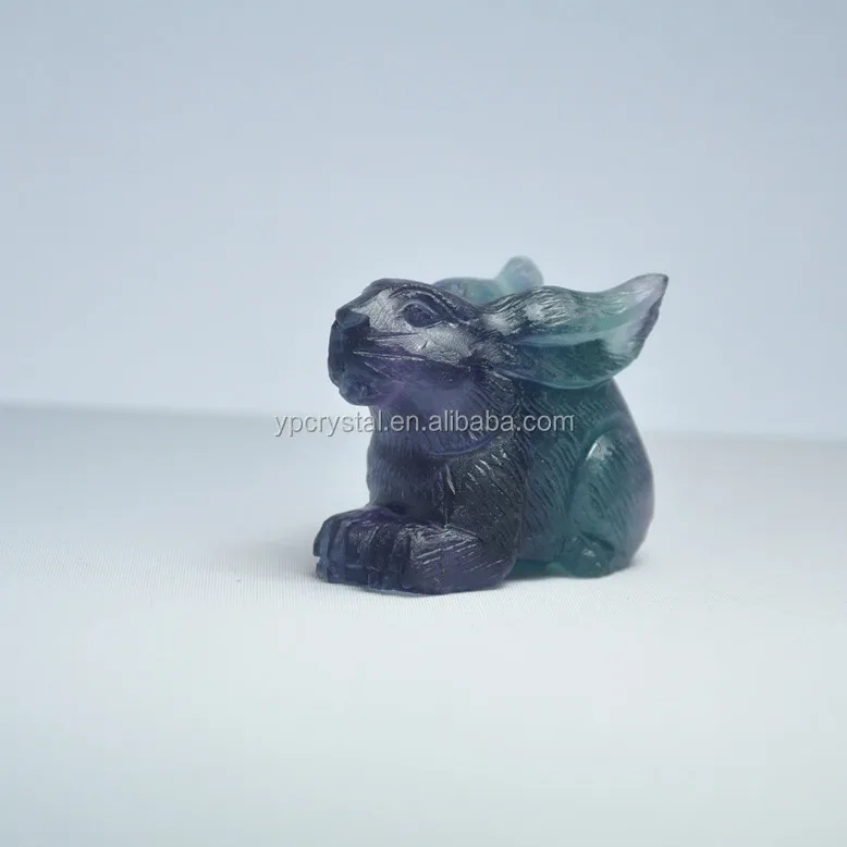 Wholesale Natural Semi-precious Stone Carved Crystal Craft Rainbow Fluorite Animal Rabbit Figurine