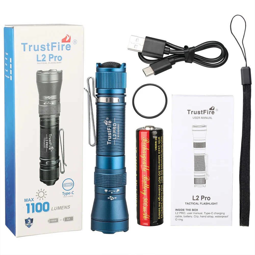 TrustFire L2 Pro Tactical Flashlight 1000 Lumen Waterproof Ip68 Pocket 14500 Usb C LED Alloy Torch