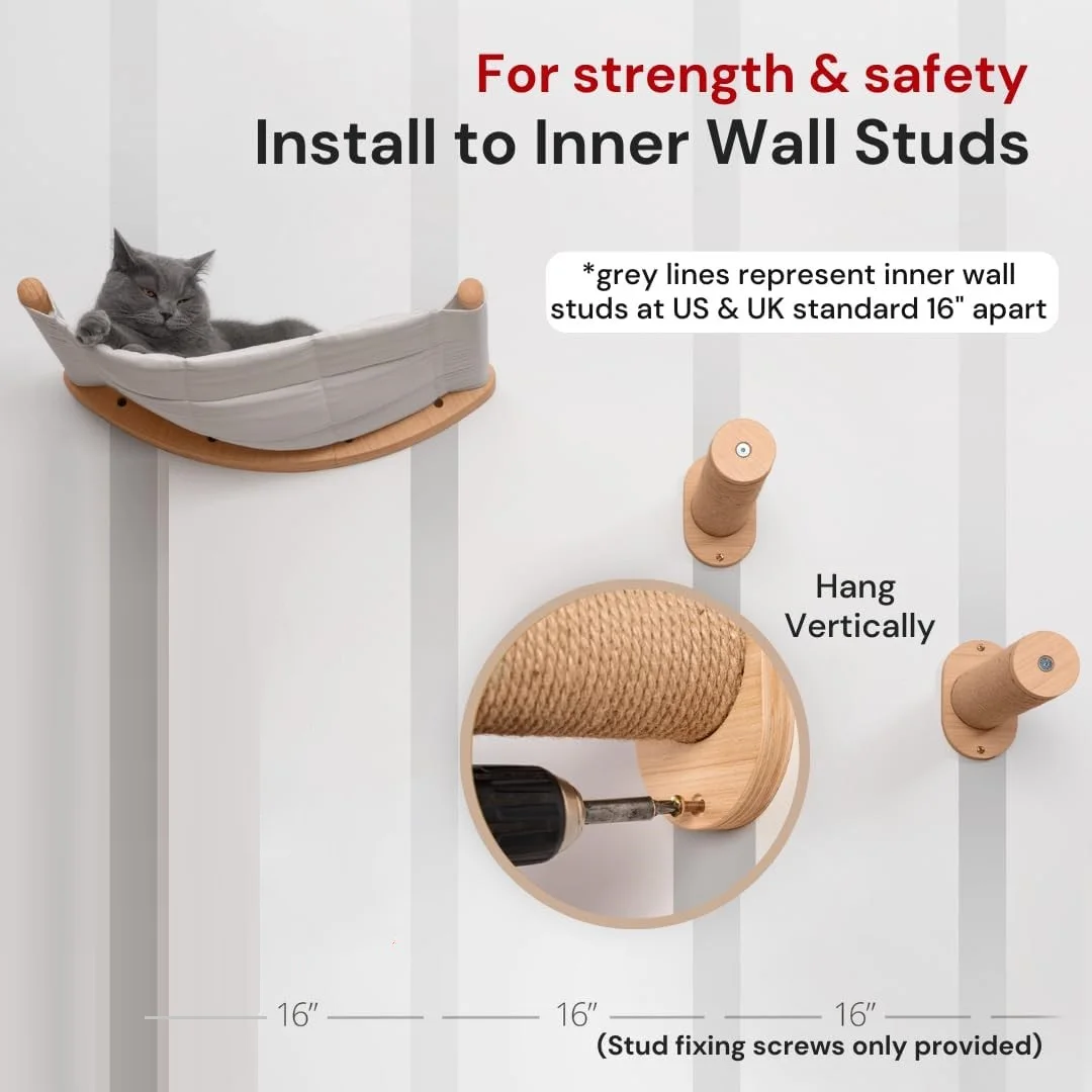 Bamboo wooden hanging furniture cat climbing hammock bed wall mounted cat shelf with two steps