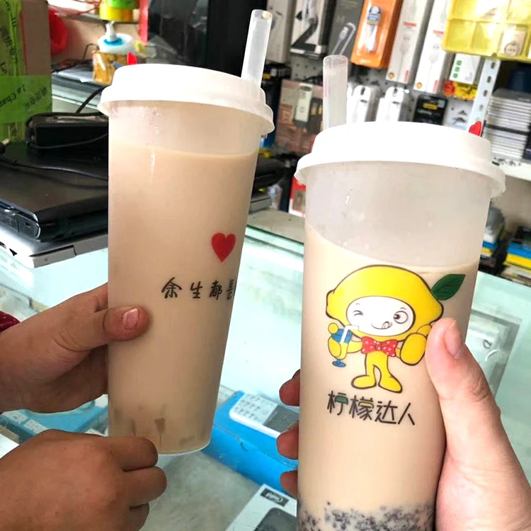 Custom Logo Disposable Plastic Bubble Milk Tea/Coffee/Fruit Juice Cups With Lids For Cold/Hot Drinks