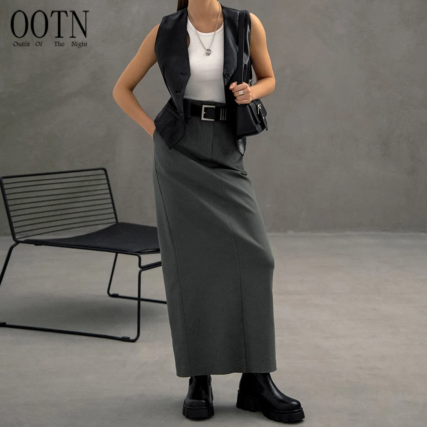 OOTN Women Straight 2023 Elegant Autumn High Waist Long Skirts Street Chic Brown Split Skirts Grey Long Skirt