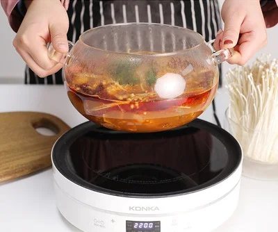 Hand blown large size clear two handle glass glass cooking pans pots