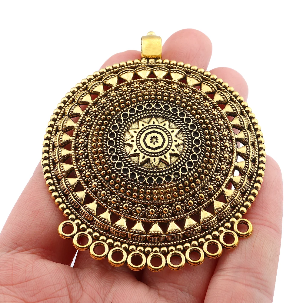 Antique Gold Plated Large Boho Ethnic Tribal Connector Round Medallion Charms Pendants For Necklace Jewelry Making