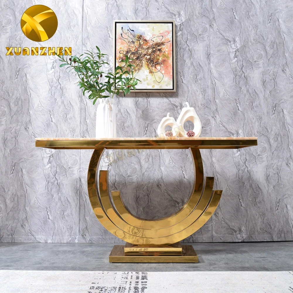 Foshan furniture living room luxury stainless steel hallway table modern metal console table with mirror CT037