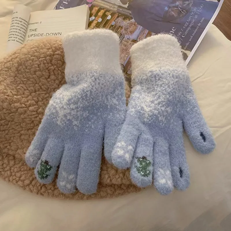 2024 Winter Women Fashion Christmas Tree Snowflake Jacquard Plush Fluffy Fuzzy Soft Thick Red Green Pink Blue Hand Gloves Mitten