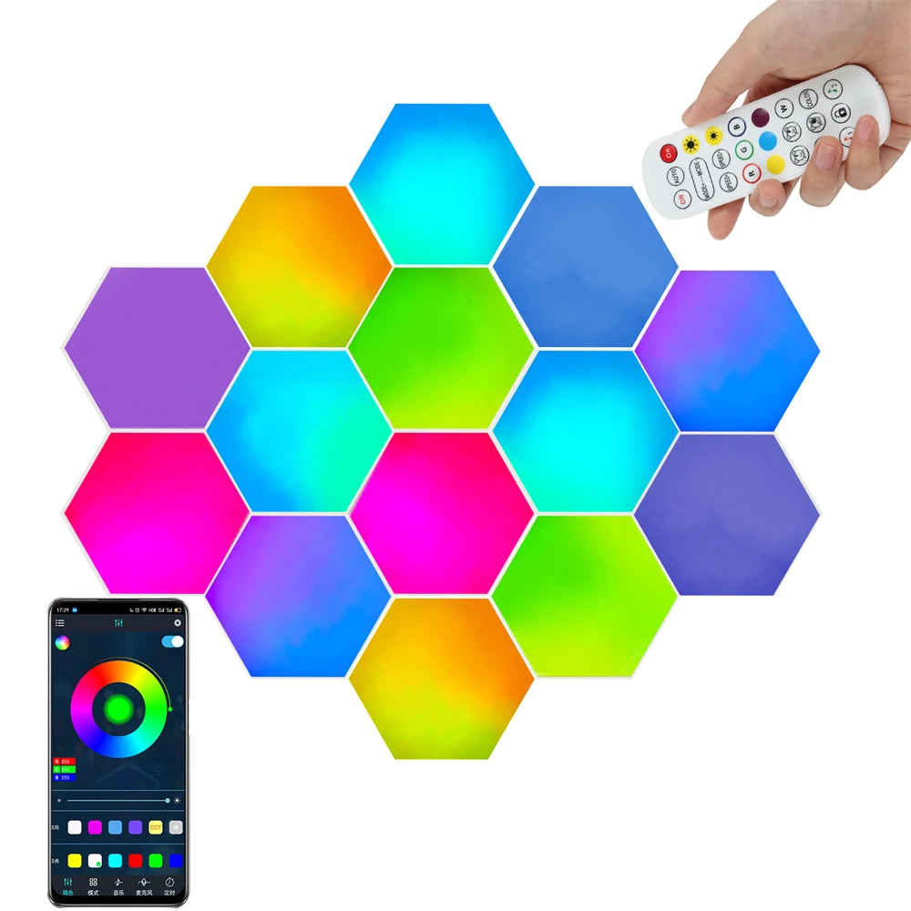 Smart APP Control Quantum Night Light Led Hexagonal Modular RGB Wall Lamps Remote Control Geometric Panel Light with Music Sync