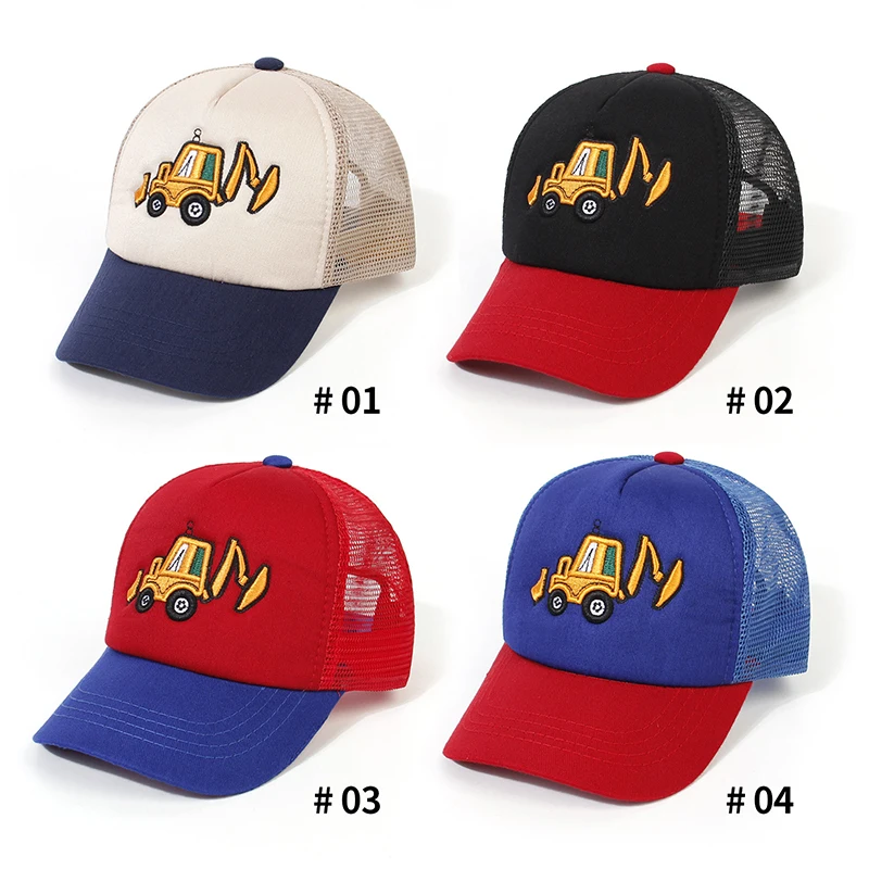 Landfond Outdoor Boys and Girls Trucker Hat Excavator Cartoon Embroidery Pattern Back Mesh Baseball Cap