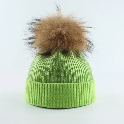 Newest winter hat mommy and me warm chunky knit hat crochet family matching beanie cap with real fur pompom