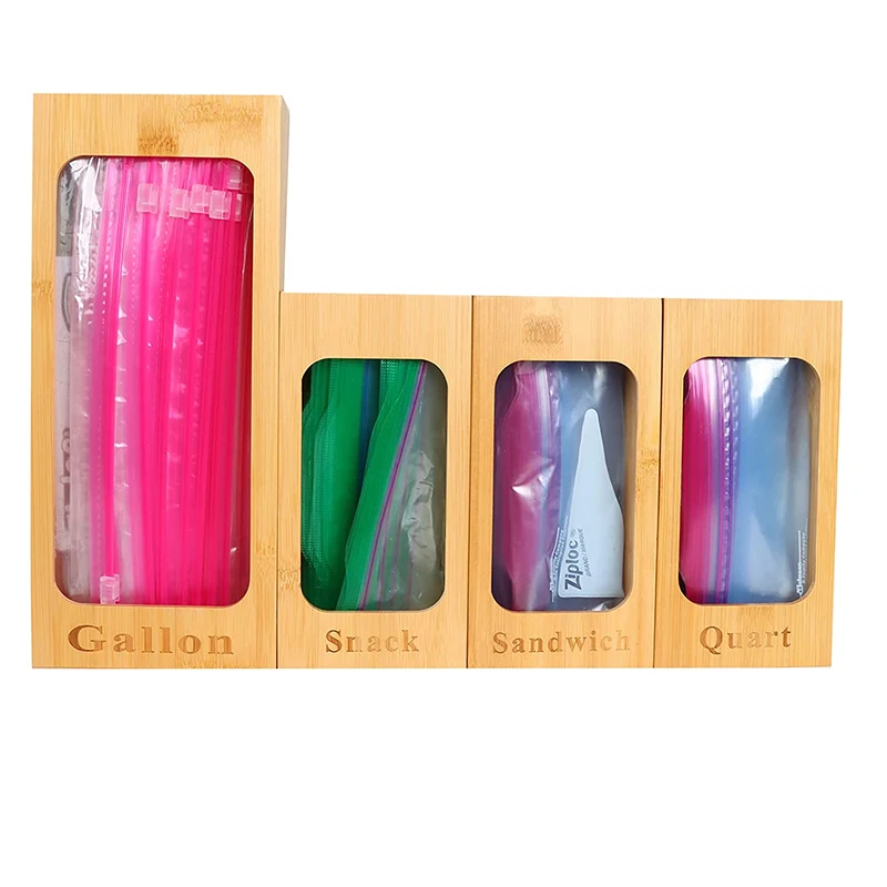 Set of 4 Food Storage Bag Organizers , Bamboo Ziplock Bags Holders for Gallon, Quart, Sandwich