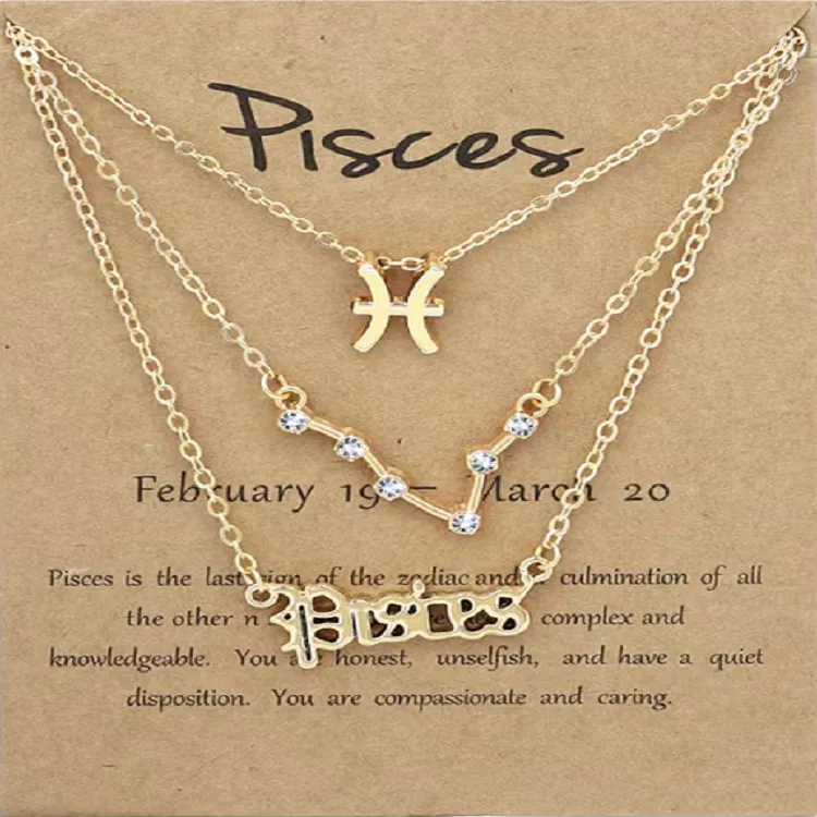Amazon Hot sale Fashion Jewelry Gold plated 12 Zodiac Signs Retro Alphabet Symbol Three Layer Card Necklace