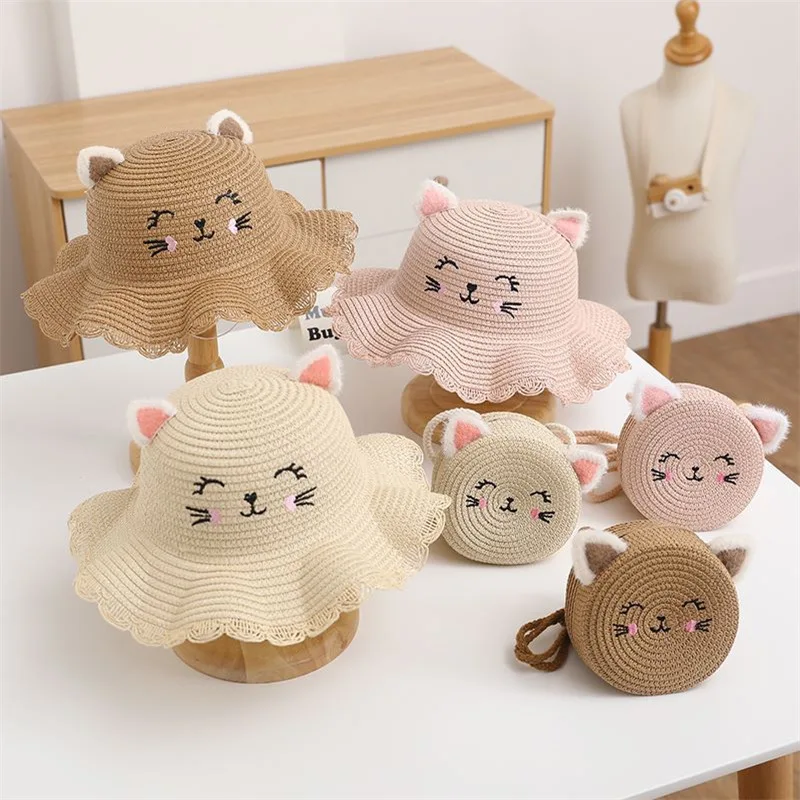 Fashion Cute Outdoor Foldable Wide Brim Grass Hats Kids Summer Beach Straw Sun Hat Wholesale All Bucket Hat and Purse Sets