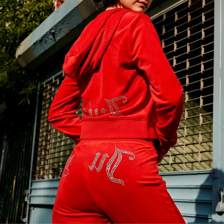 Custom Rhinestone logo Street 2 Two Piece Workout Loungewear Tracksuit Casual Set For Women Velour Velvet Sweatsuit Set Clothing