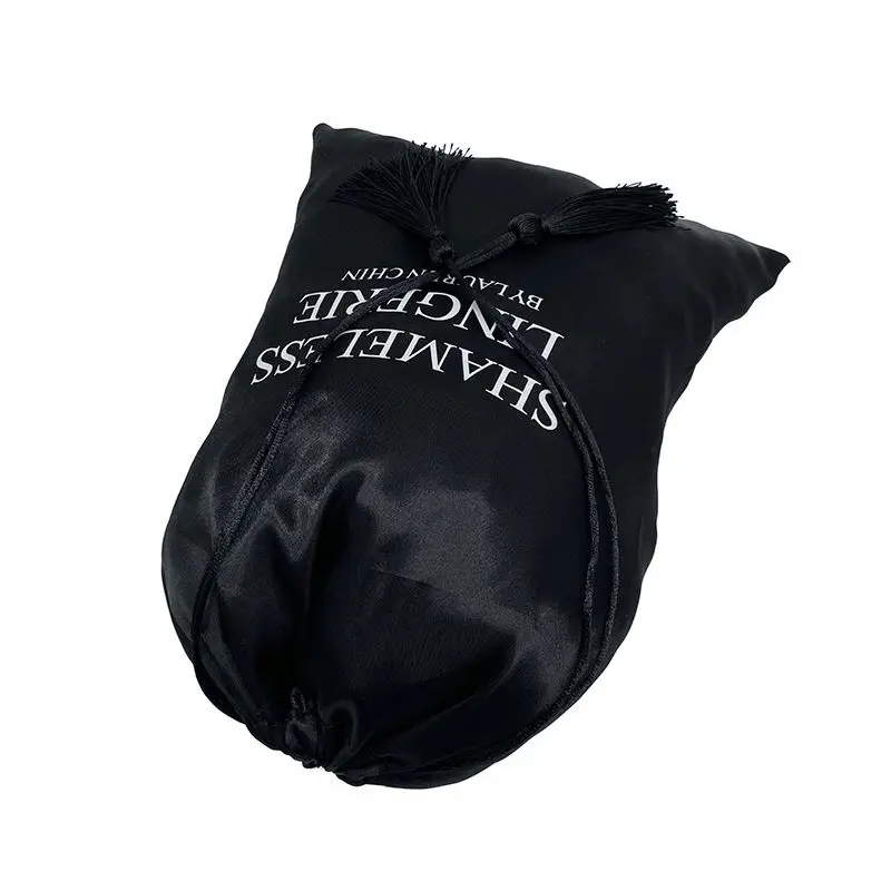 black custom logo satin bags with tassels Drawstring Bag silk printing jewelry pouch bag  for hair