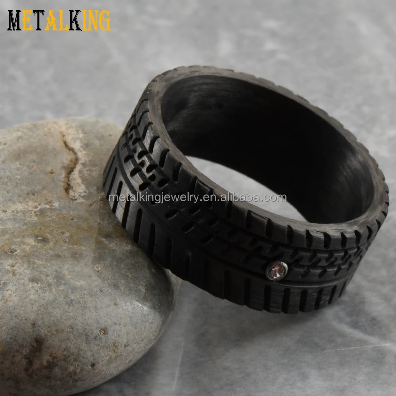 10mm Truck Tire Pattern and A Cubic Zirconia Inlay Black Carbon Fiber Wedding Band Ring for Men