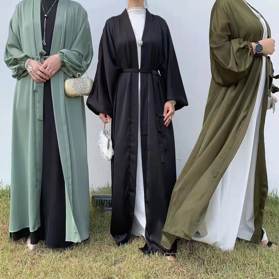 2022  New Arrival  Dubai Turkey Muslim dress  Islamic women satin Open Kimono Abaya Cardigan