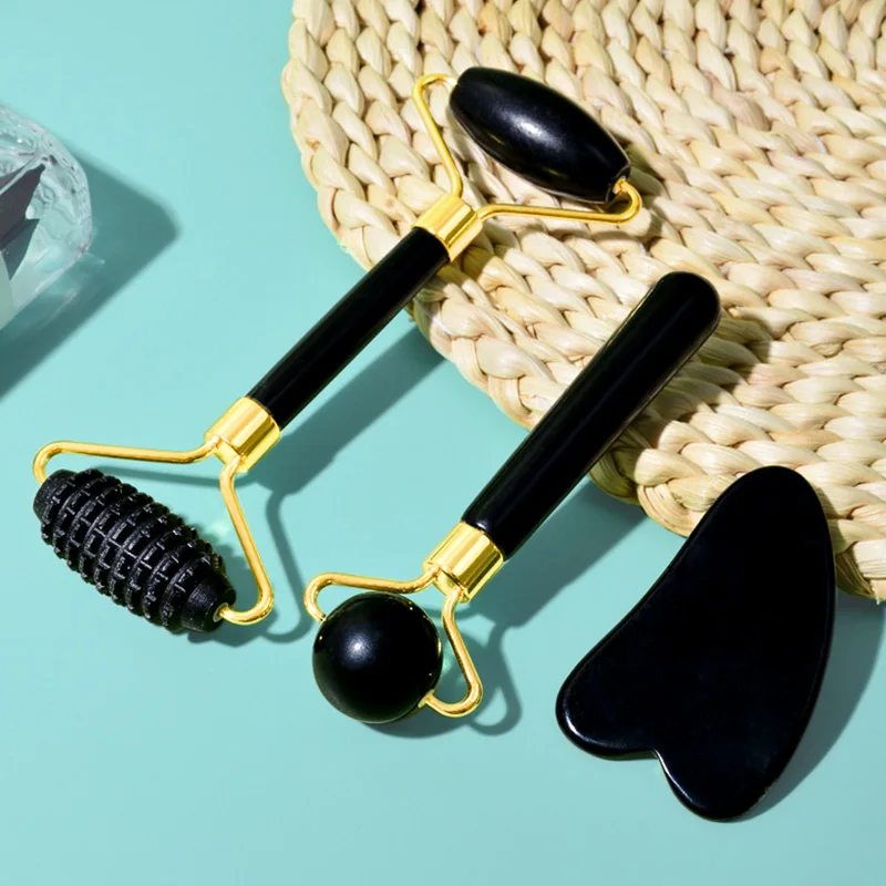 Natural Black Bian Stone Face Skincare Massage Tool Healthcare Roller Guasha Kit Custom Logo Jade Facial Roller And Gua Sha Set