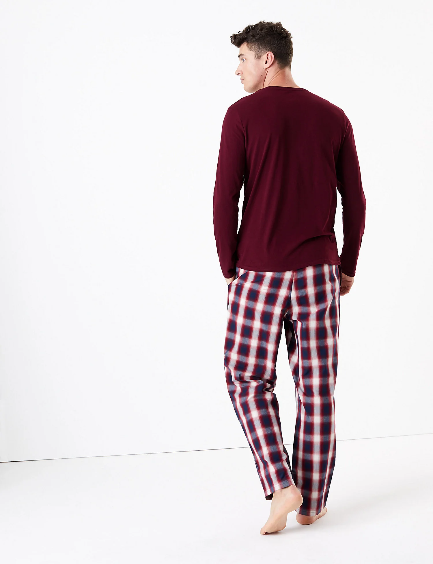 
MGOO OEM Pure Cotton Brown Long Sleeve Match Plaid Pants Men Pyjama with Button Pockets 