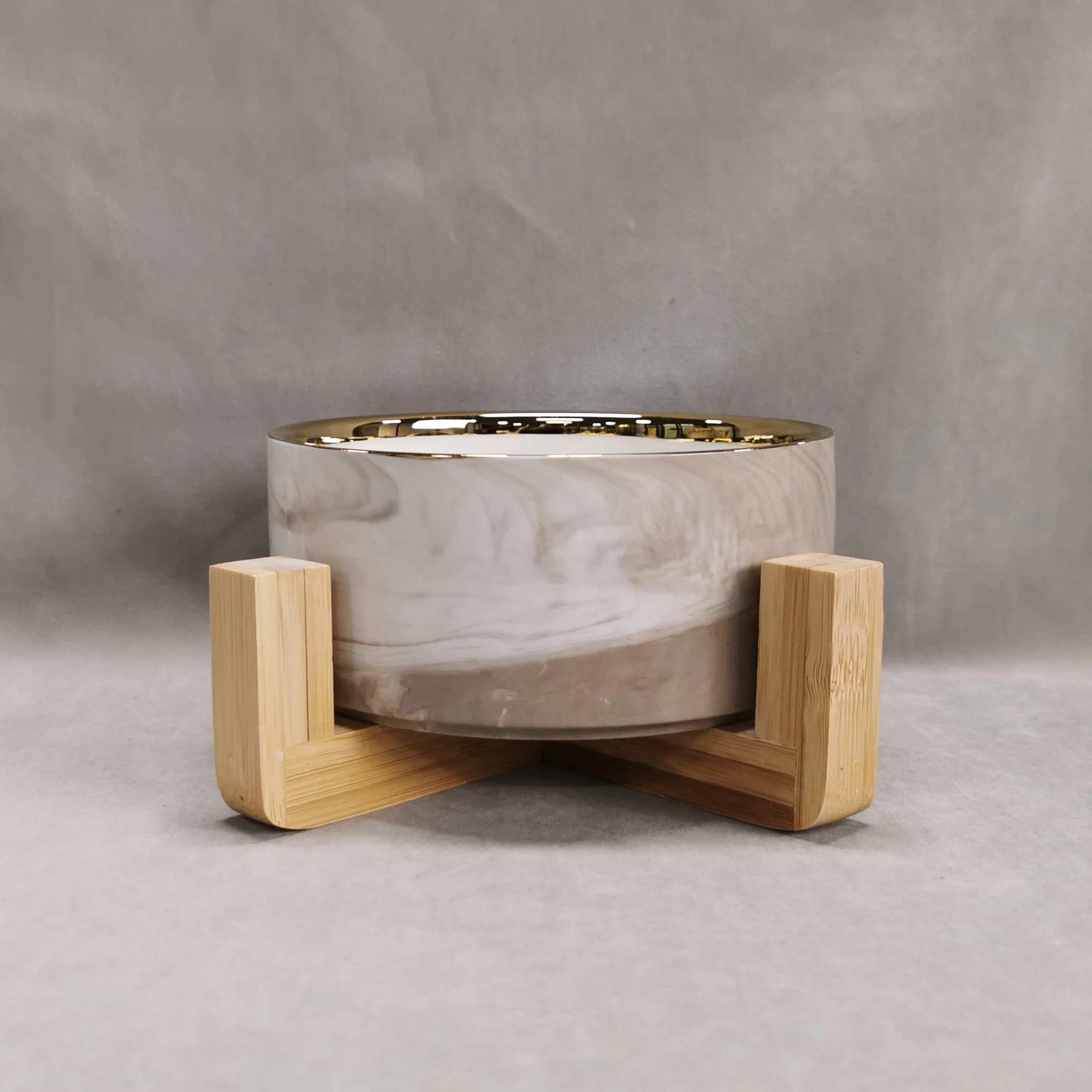 New italian white marble look ceramic 6 inch with bamboo stand gold rim pet feeding cat dog bowl set food round bowl marble