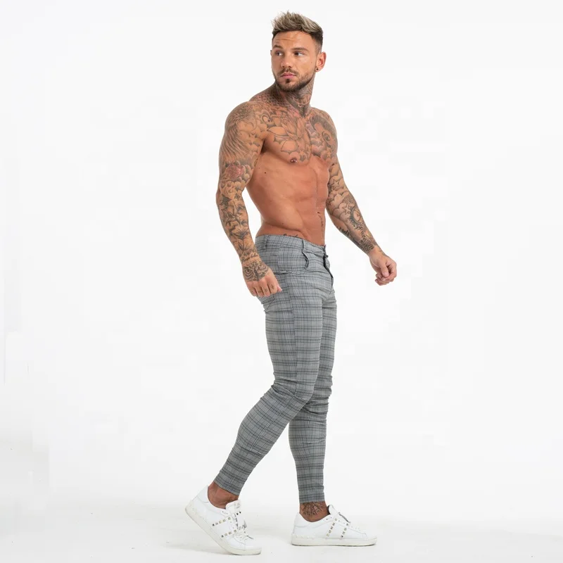 Wholesale New Design Elastic Spandex Casual Tight Ankle Fit Check Grey Mens Trousers Mens Pants