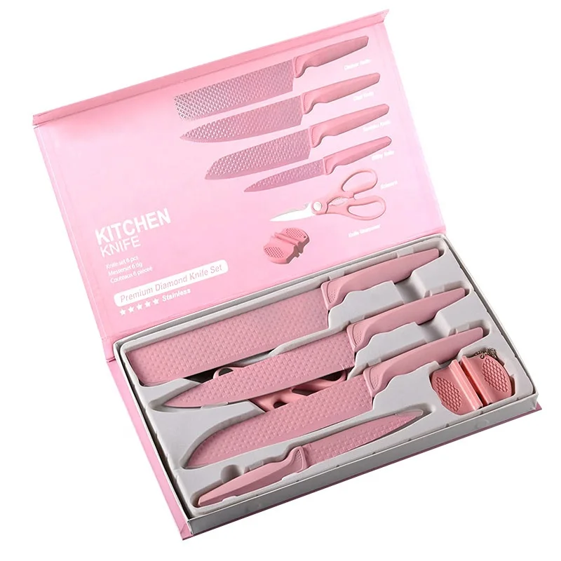 6pcs stainless steel sharp cooking chef knives wheat stalk handle lady pink kitchen knife set with scissors
