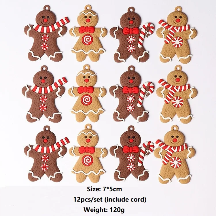 12pcs Gingerbread Man Ornaments for Christmas Tree Assorted Plastic Ginger bread Figurines Ornaments 7*5cm Xmas Hanging Gifts