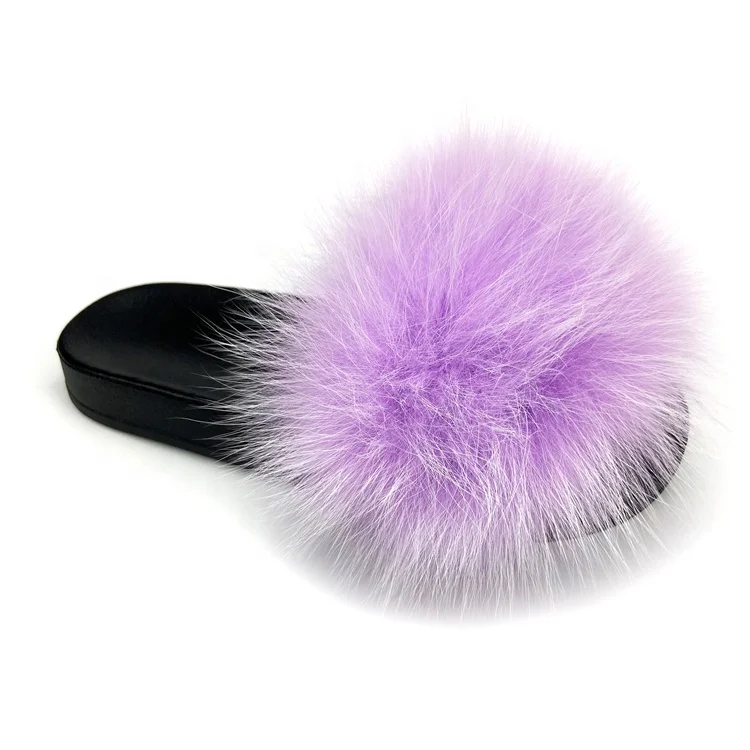 Wholesale Real Fox Fur Slipper for Women Plush Fluffy Ladies Flat Slides Slippers Home House Female Sandals Shoes OEM Customized