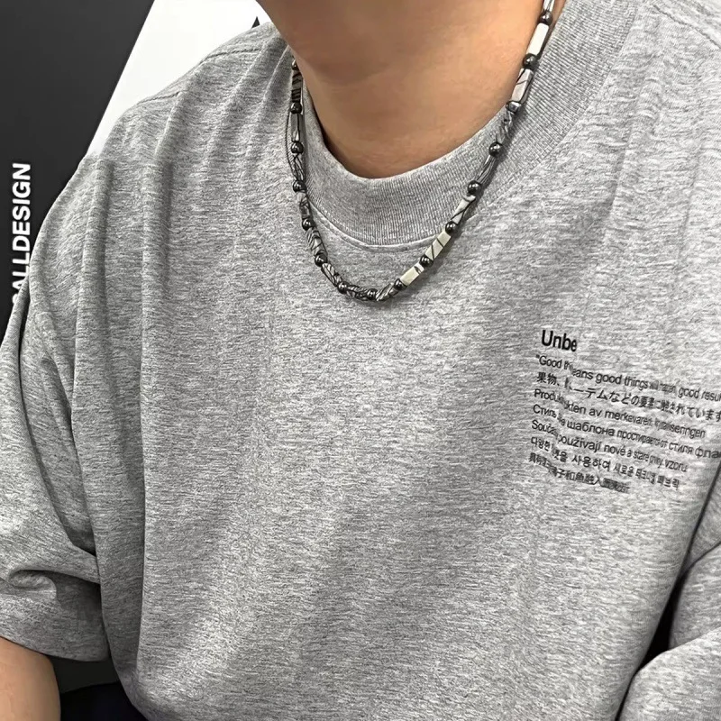 Woying Personalized Natural Stone Hematite Round Beaded Vintage Adjustable Choker Necklace For Men