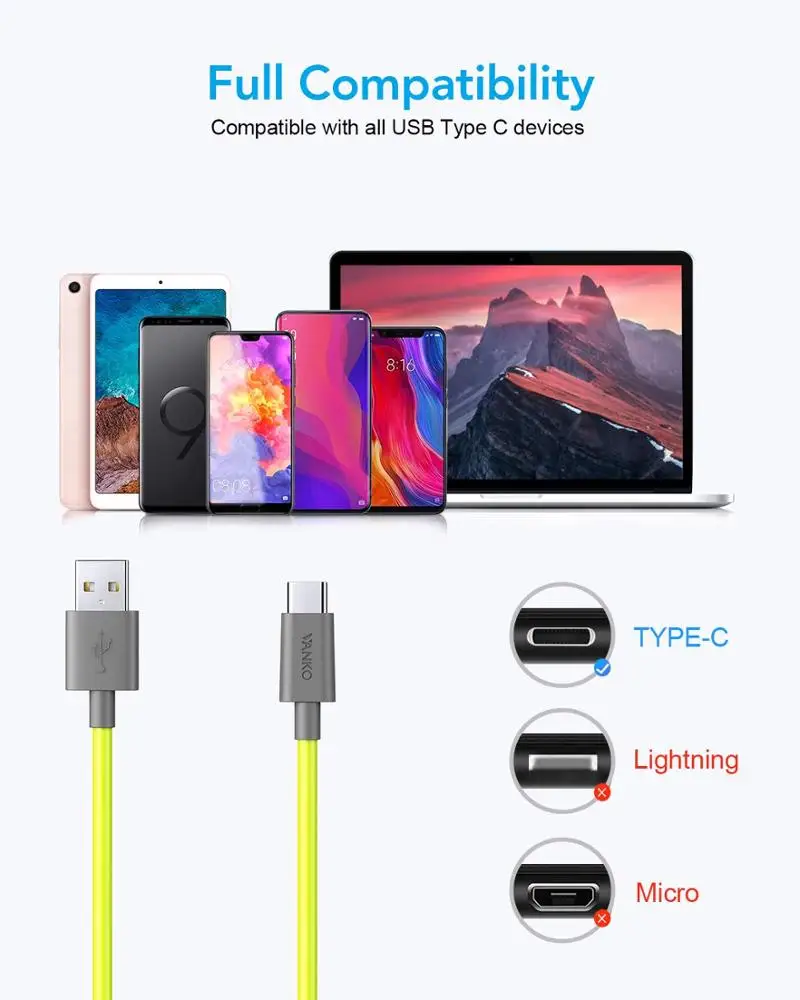 USB Type C Cable,Neon Yellow USB C to USB A Charger Fast Charging Cord for Samsung Galaxy
