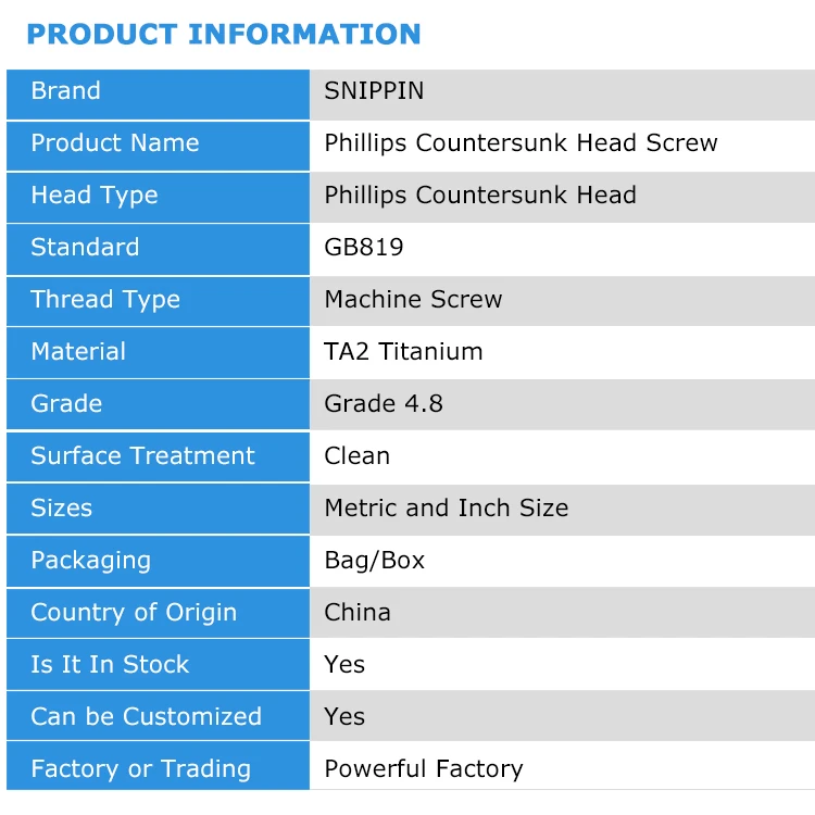 M1.6 M2 M2.5 M3 M4 M5 M6 M8 TA2 Pure Titanium Gr2 GB819 Cross Phillips Flat Countersunk Head Screw Bolt